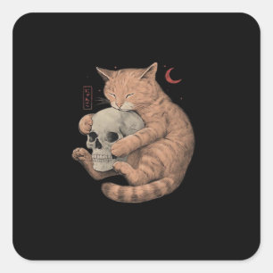 Bis der Tod uns zum Feiern bringt Katze Schädel Kl Quadratischer Aufkleber