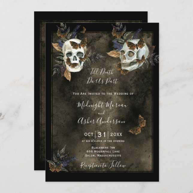 Bis zum Tod bringen uns die Skulls Gothic Wedding  Einladung (Vorne/Hinten)