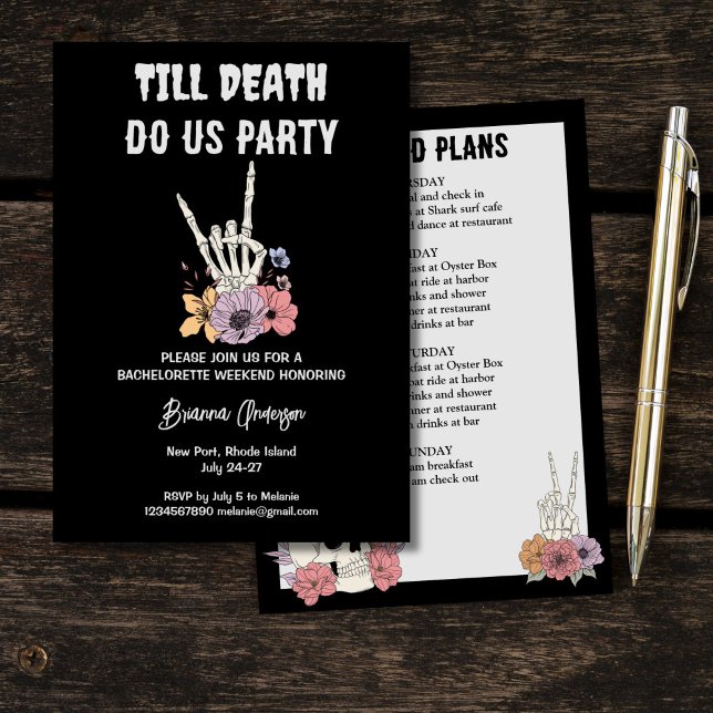 Bis zum Tod bringen wir Party-Bacheloretter-Wochen Einladung (Till death do us party bachelorette weekend itinerary black gothic skeleton invitation template)