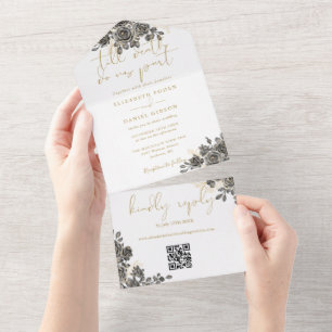 Bis zum Tod goldene gotische Rosen QR-Code Hochzei All In One Einladung
