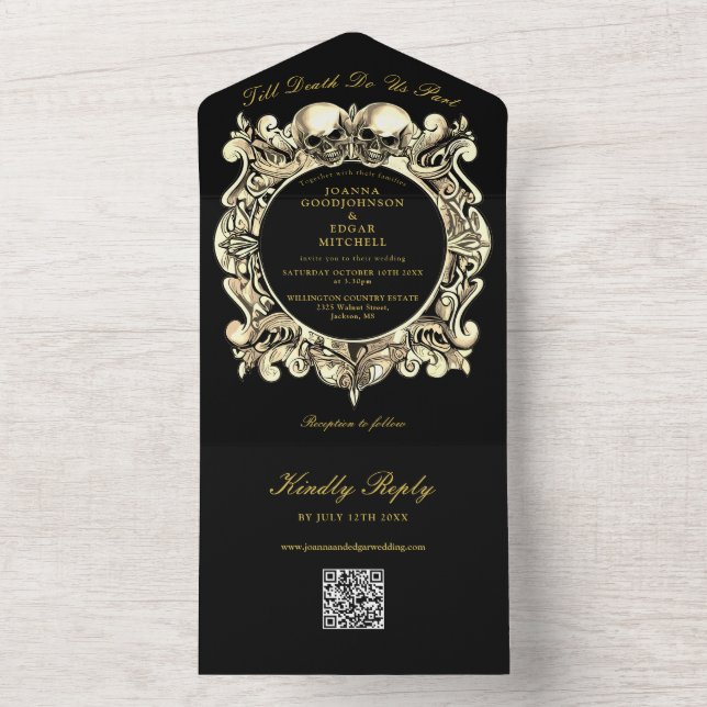 Bis zum Tod Gothic Black and Gold QR Code Hochzeit All In One Einladung (Innen Boden)