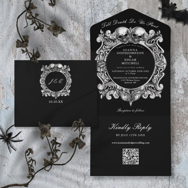 Bis zum Tod Gothic Skulls QR Code Hochzeit All In One Einladung (Till Death Gothic Skulls QR Code Wedding All In One Invitation)