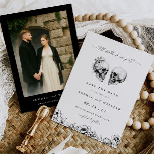 Bis zum Tod Gothic-Totenkopf-Blumen-Hochzeitsfoto Save The Date