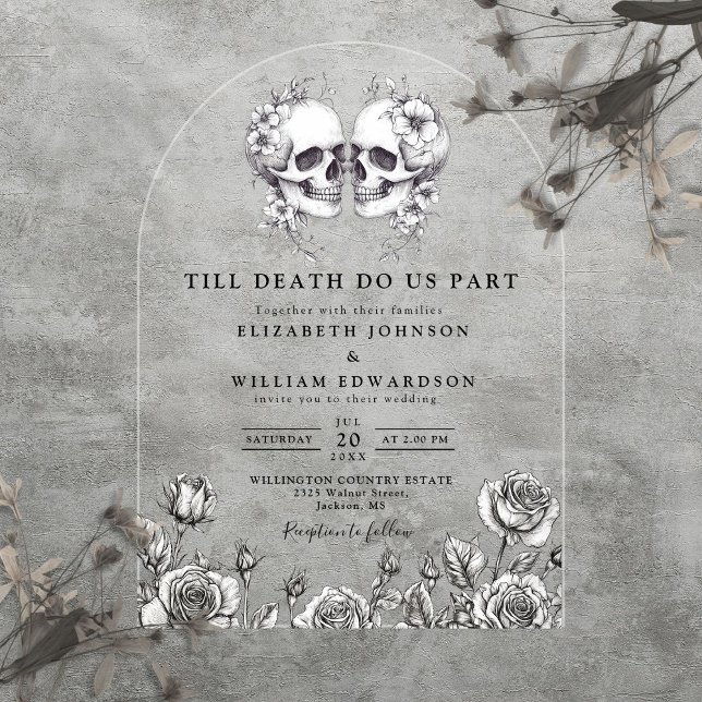 Bis zum Tod gotische Blumenschädel Hochzeitsarsch Acryleinladungen (Till Death Gothic Floral Skulls Wedding Arch Acrylic Invitations)