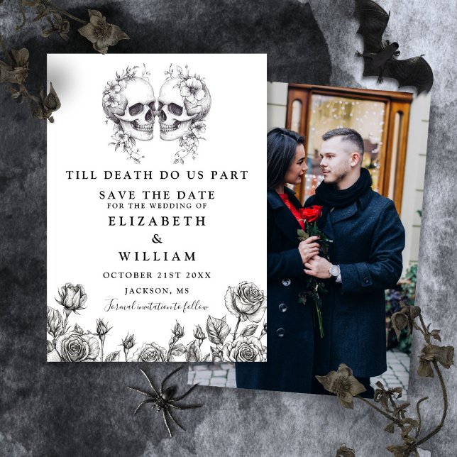 Bis zum Tod gotische Schädel florales Foto Hochzei Save The Date (Till Death Gothic Skulls Floral Photo Wedding Save The Date)