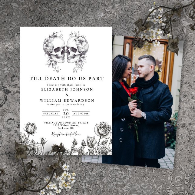 Bis zum Tod gotische Schädel Foto Hochzeitsfeier E Einladung (Till Death Gothic Skulls Photo Wedding Invitation)