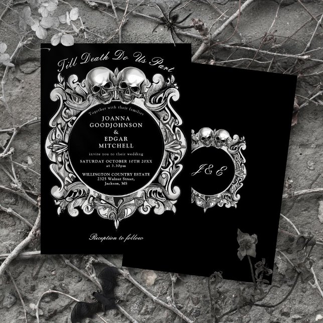 Bis zum Tod gotische Skulls Monogramm Hochzeit Einladung (Till Death Gothic Skulls Monogram Wedding Invitation)