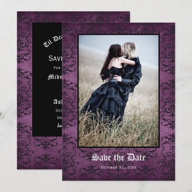 Bis zum Tod machen wir Teil Gothic Lila Damask Fot Save The Date (Vorne/Hinten)