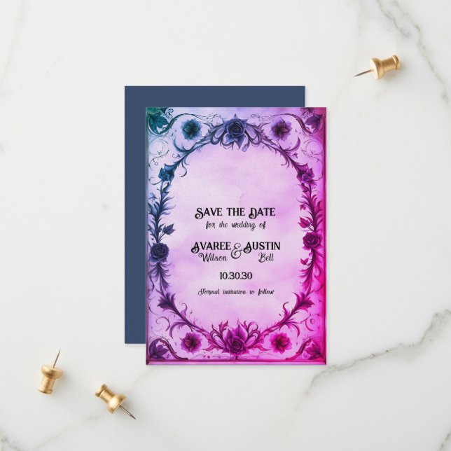 Bis zum Tod machen wir Teil gotische Hochzeit Save The Date (Vorderseite/Rückseite Beispiel)