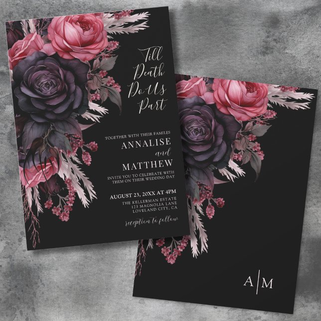 Bis zum Tod machen wir Teil gotische Schwarze Blüt Einladung (Elegant Gothic Floral Black Wedding Invitation)