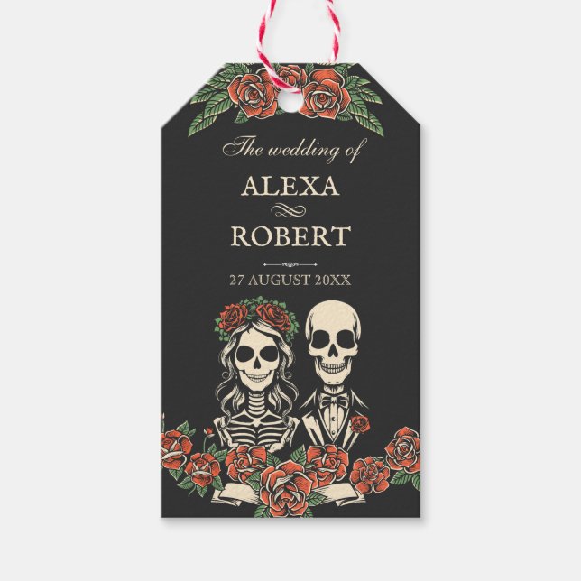 Bis zum Tod teilen wir Rose Skelett Hochzeit Geschenkanhänger (Vorderseite)