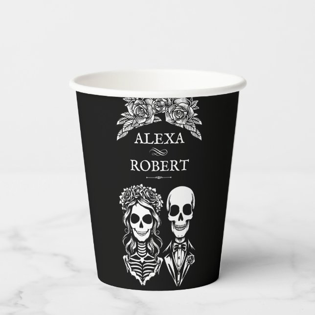 Bis zum Tod teilen wir Rose Skelett Hochzeit Pappbecher (Rückseite)