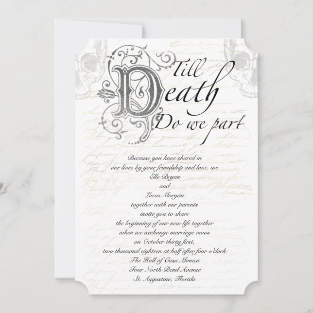 Bis zum Tod teilen wir Skull Script Hochzeit Einladung (Vorderseite)