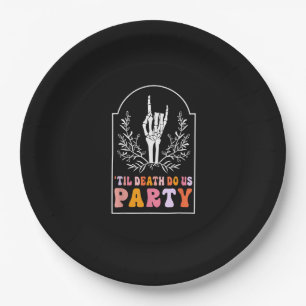 Bis zum Tod tun uns Party Skelett Retro Groovy Bac Pappteller