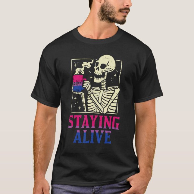 Bisexual Skeleton Staying Alive Bi Pride Flag Lgbt T-Shirt (Vorderseite)