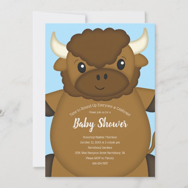 Bison Buffalo Baby Dusche Blue Einladung (Vorderseite)