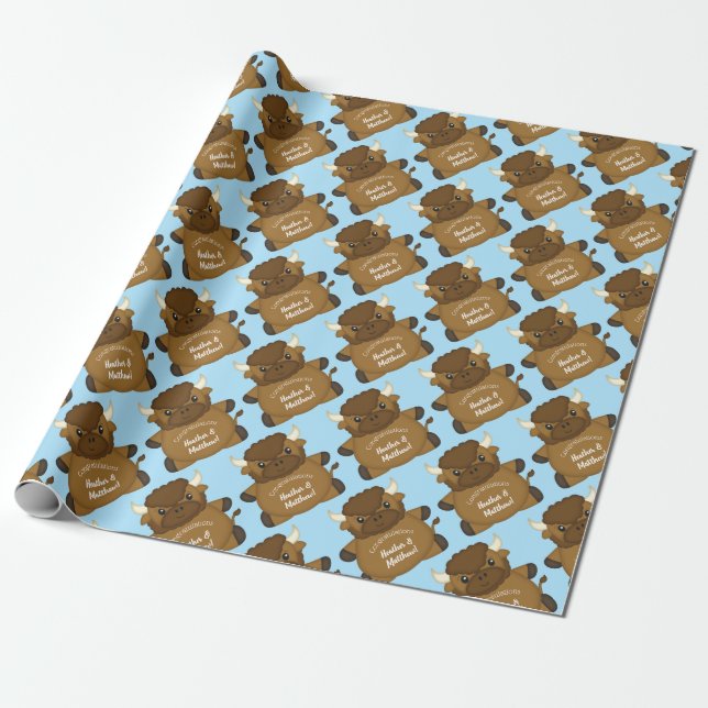 Bison Buffalo Baby Dusche Blue Geschenkpapier (Ungerollt)
