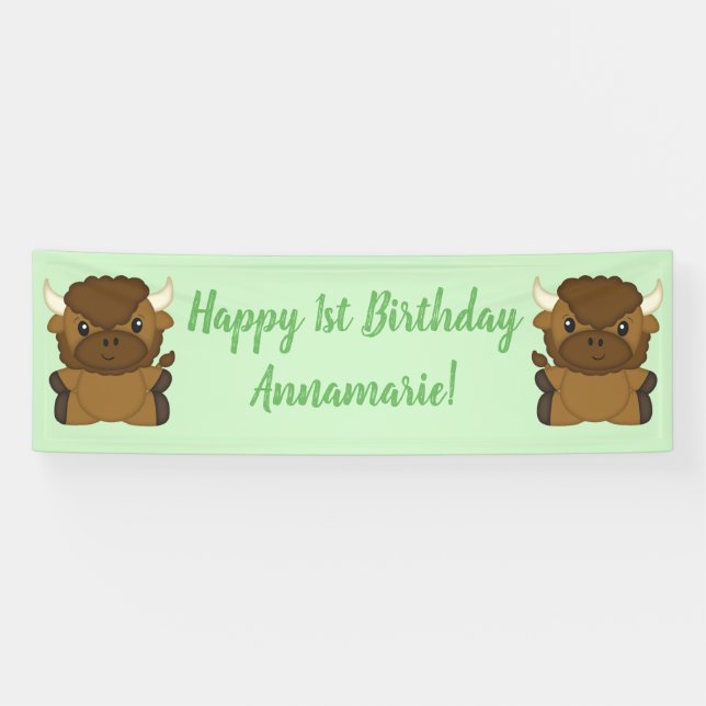 Bison Buffalo Birthday Party Green Banner (Horizontal)