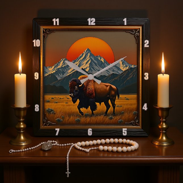 Bison Buffalo Bison bei Sunset Quadratische Wanduhr (Von Creator hochgeladen)