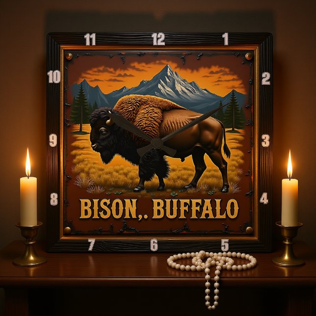 Bison Buffalo Buffalo im Grünen Quadratische Wanduhr (Von Creator hochgeladen)
