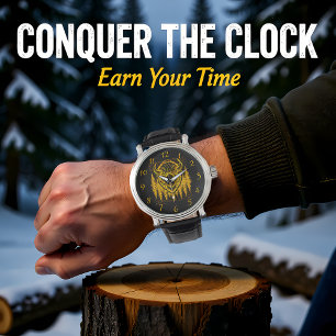 Bison Buffalo Head Illustration Amid Tall Trees Armbanduhr