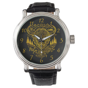 Bison Buffalo Illustration in einer Landschaftlich Armbanduhr