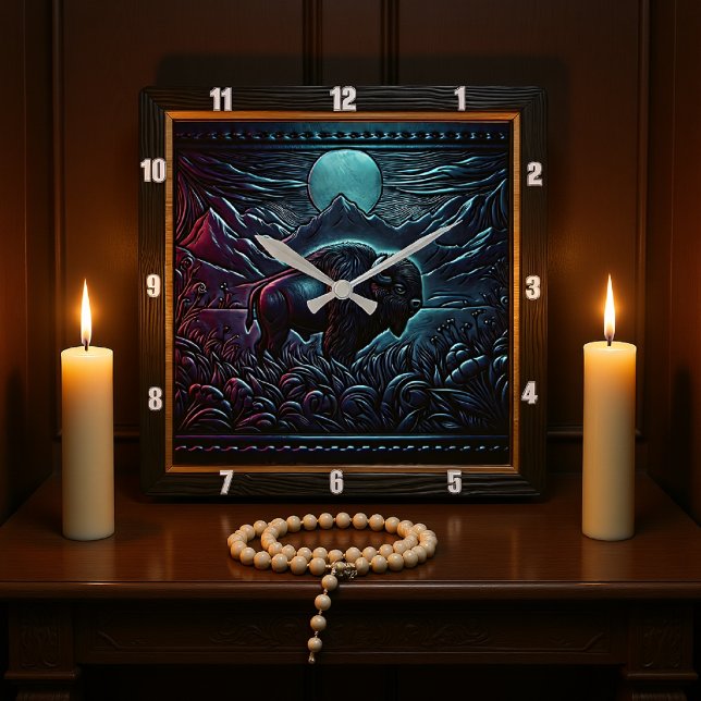 Bison Buffalo Midnight Bison Quadratische Wanduhr (Von Creator hochgeladen)