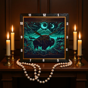 Bison Buffalo Moonlit Neon Bison Quadratische Wanduhr