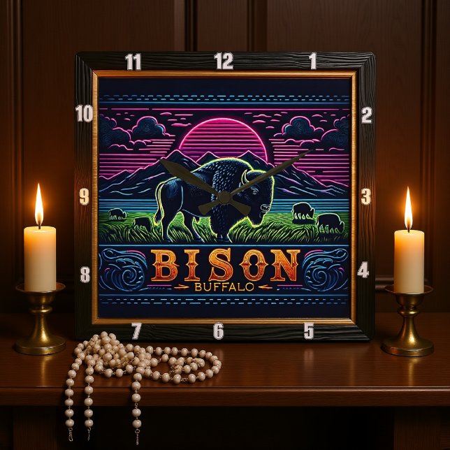 Bison Buffalo Neon Bison Sunset Quadratische Wanduhr (Von Creator hochgeladen)