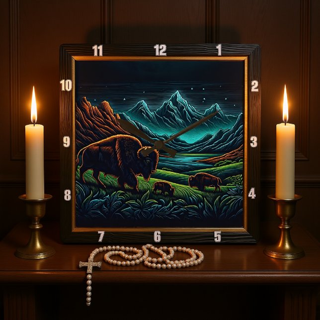 Bison Buffalo Night Bison Journey Quadratische Wanduhr (Von Creator hochgeladen)