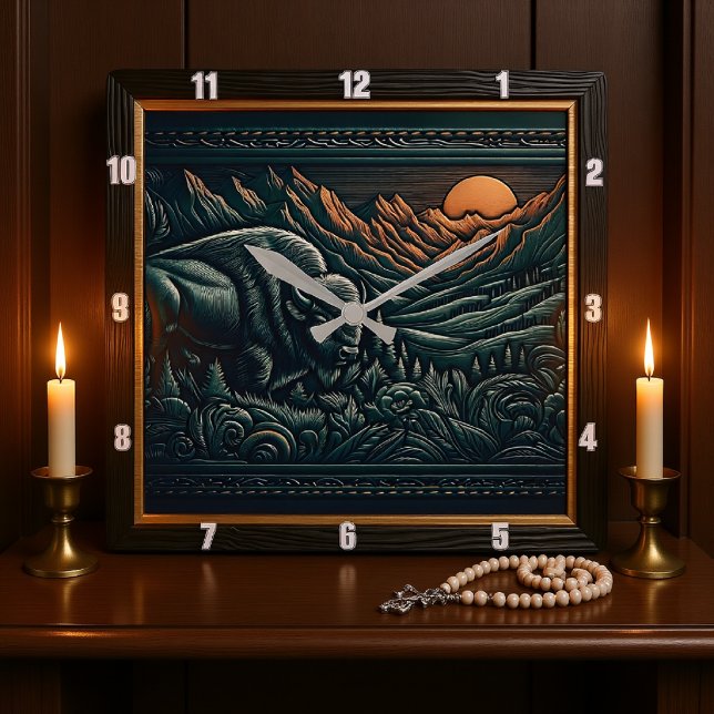 Bison Buffalo Tooled Bison Sunset Quadratische Wanduhr (Von Creator hochgeladen)