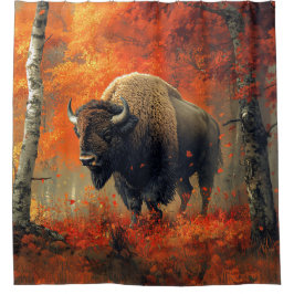 Bison im Herbstwald Artwork Duschvorhang