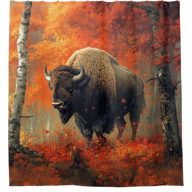 Bison im Herbstwald Artwork Duschvorhang (Vorderseite)