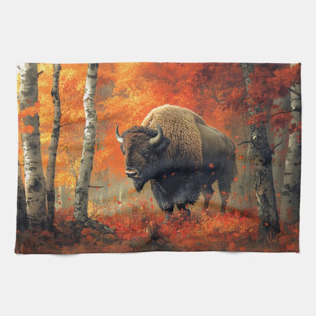 Bison im Herbstwald Artwork Geschirrtuch (Horizontal)