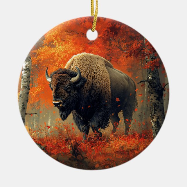Bison im Herbstwald Artwork Keramik Ornament (Vorne)