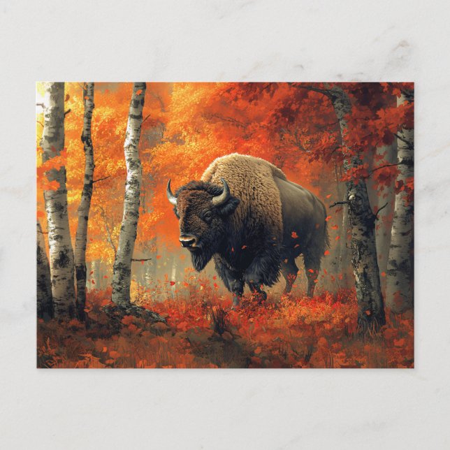Bison im Herbstwald Artwork Postkarte (Vorderseite)