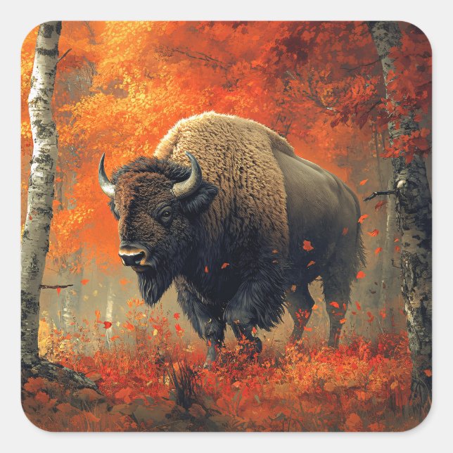 Bison im Herbstwald Artwork Quadratischer Aufkleber (Vorderseite)