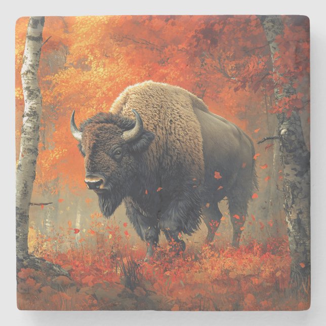 Bison im Herbstwald Artwork Steinuntersetzer (Vorderseite)