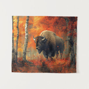 Bison im Herbstwald Artwork Wandteppich
