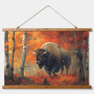 Bison im Herbstwald Artwork Wandteppich Mit Holzrahmen