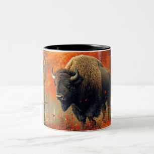 Bison im Herbstwald Artwork Zweifarbige Tasse