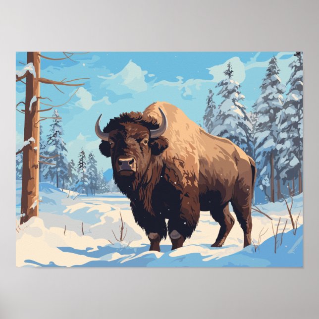 Bison in Snowy Forest - Ai Postcard Poster (Vorne)