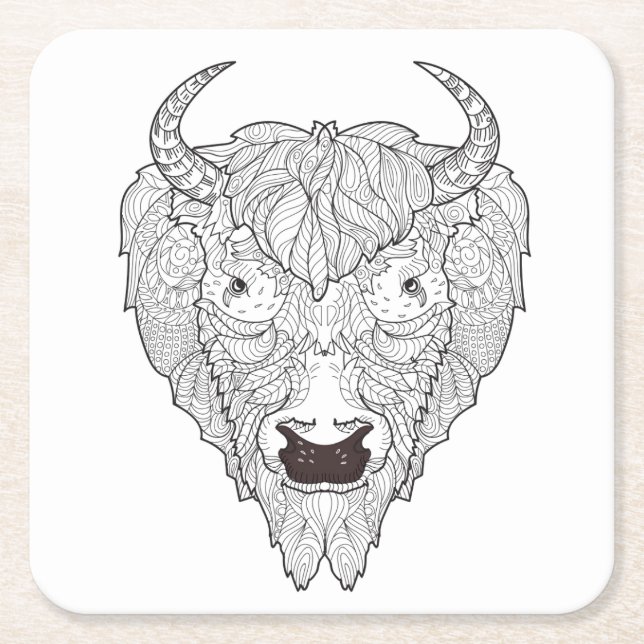 Bison-Kopf-Gekritzel Rechteckiger Pappuntersetzer (Vorderseite)