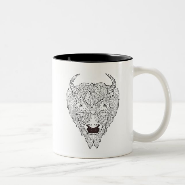 Bison-Kopf-Gekritzel Zweifarbige Tasse (Rechts)