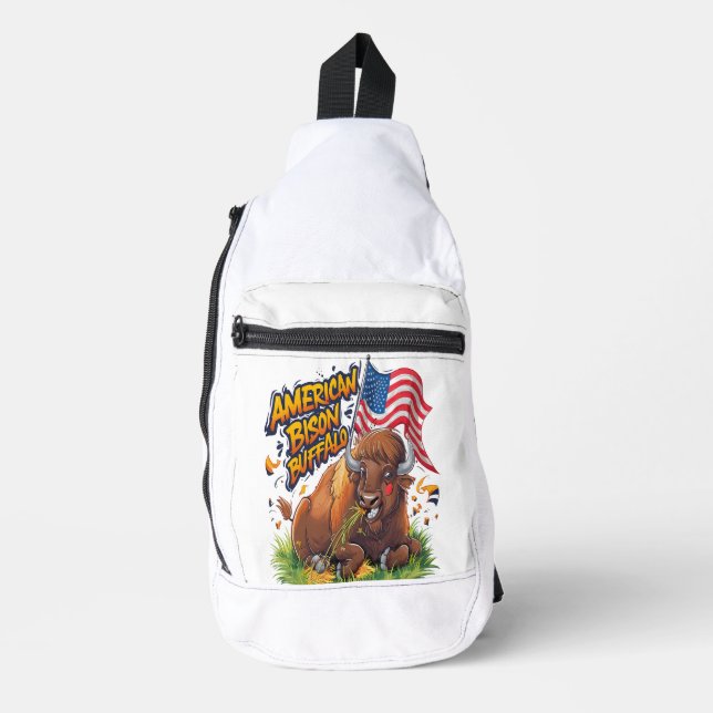 Bison mit US-Flagge im Gras Crossbody Bag (Vorderseite)