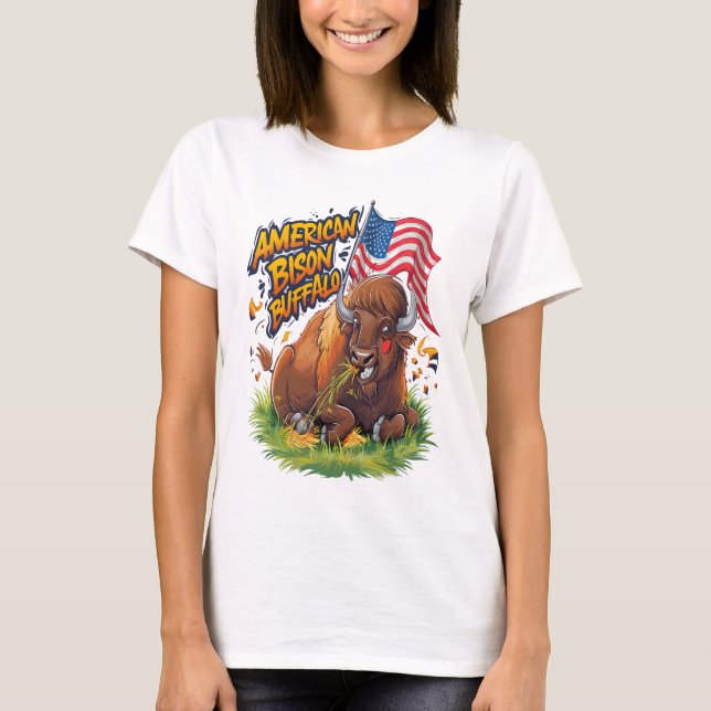 Bison mit US-Flagge im Gras T-Shirt (Vorderseite)