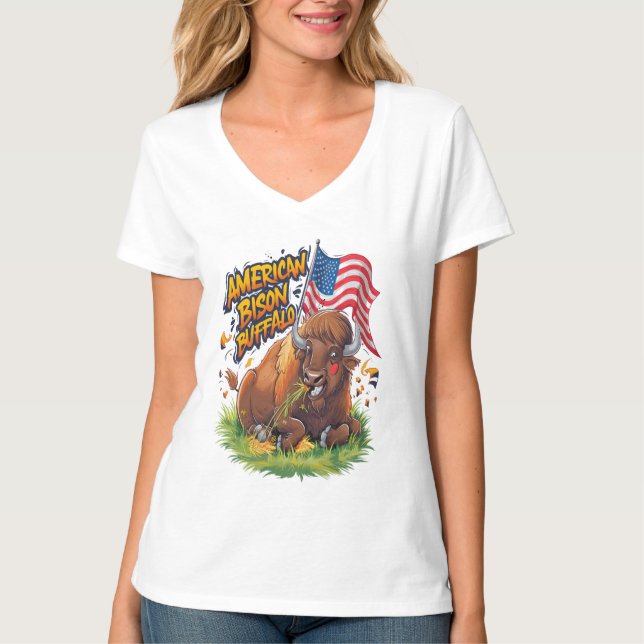 Bison mit US-Flagge im Gras T-Shirt (Vorderseite)