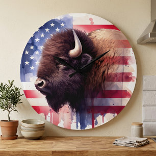 Bison mit USA-Flagge Große Wanduhr