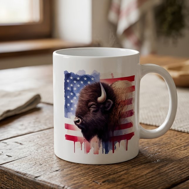 Bison mit USA-Flagge Kaffeetasse (Majestic American Bison & Patriotic Flag Artwork. Coffee Mug)
