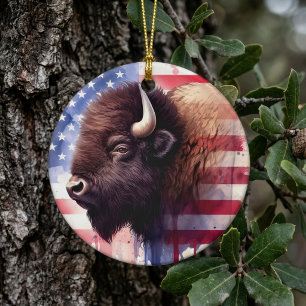 Bison mit USA-Flagge Keramik Ornament
